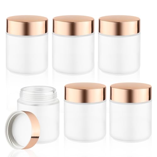 6 Pcs 200g/6.7oz Frosted Cosmetic Containers Glass Jar Empty Sample Jars with Rose Gold Lids for Cream Lotion Lip Balm Makeup - White