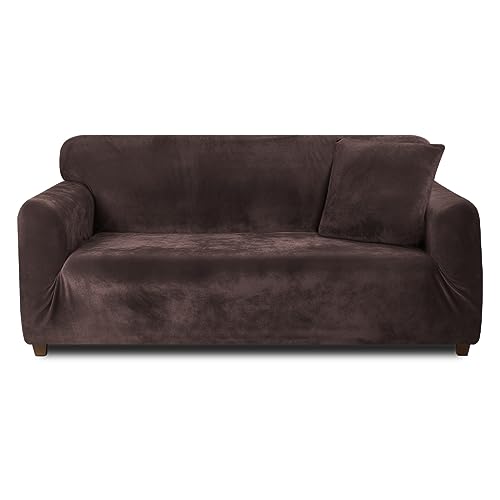 Teynewer Thick Velvet Sofa Covers 1 2 3 4 Seater High Stretch Non-Slip Couch Cover Elastic Furniture Protector Plush Sofa Slipcovers with 1 pillowcase for Living Room Dogs Cat Pet (2 Seater, Brown)