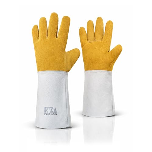 Fire and Heat Resistant Welding Gloves Oven Gloves with Fingers Log Burner Mitts for BBQ Grill Wood Stove Work Gardening Thorn Proof Heavy Duty Men Large Gauntlets - Genuine Cowhide Leather