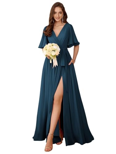 Flutter Sleeve Chiffon Bridesmaid Dresses Long with Pockets Slit V Neck Formal Dress for Women