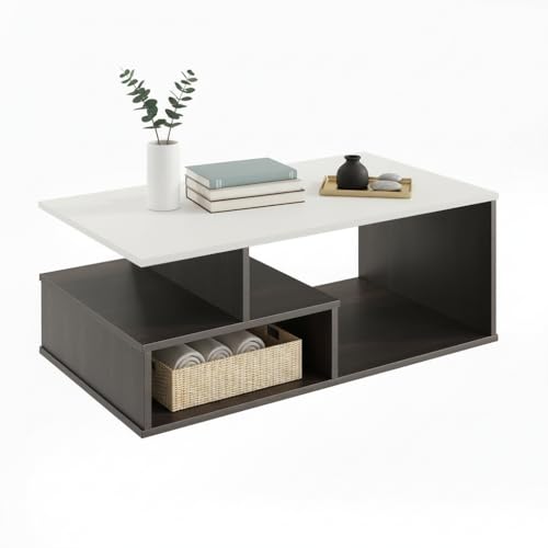 Image of FURNEASER Witely 2-Tier Engineered Wood Coffee Table with Storage Shelves, Modern Centre Table for Living Room & Sofa, Matte Wenge & White Finish