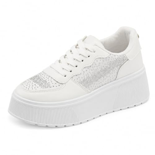 JOMIX Scarpe da Ginnastica Donna Comode Casual Sneaker Suola Spessa Sportive Eleganti Glitterati Camminata con Strass (WSC250122, Bianco, 38 EU)