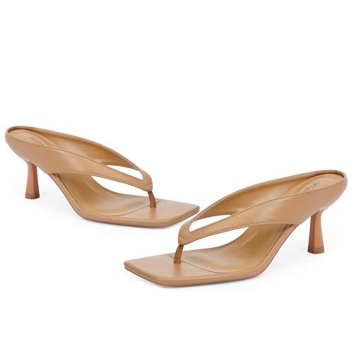 Image of VIUGJNEX Women's Kitten Heels Flip Flops Slip On Open Toe Low Heels Thong Square Slide Summer Fashion Party Heeled Dressy Sandals for Women