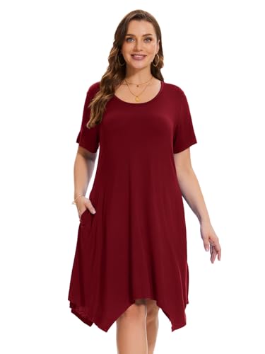 Image of ZENNILO Plus Size Tshirt Dress with Pockets Casual Summer Dresses Crew Neck Short Sleeve Swing Dress for Women