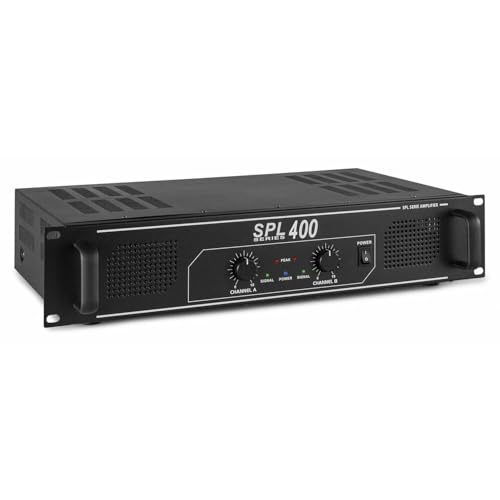 SkyTec SPL400 Amplificador PA amplificador de potencia 400E, ecualizador de 3 bandas, entrada de 3 canales, AUX, amplificador ideal para pequeñas cajas de DJ, clubes, bares y restaurantes, negro