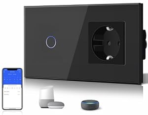 BSEED WLAN Lichtschalter(Neutralleiter Erforderlich), 1 Fach 1 Weg wifi Schalter mit Non-Wifi Steckdose aus Glas, Smart Schalter Kompatibel mit Alexa/Tuya/Google Home/SAMRT LIFE, Schwarz
