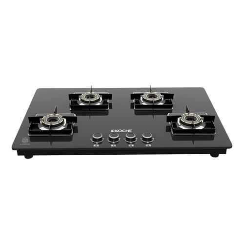 Image of KOCHE Ivan Hobtop 4 Burner gas stove | Multi-Pin Flame Designer Brass Burners, Auto Ignition, Premium Toughened Glass, High Thermal Efficiency, Ergonomic Control metal Knobs | 7-Year Warranty