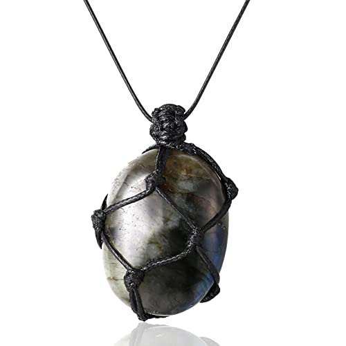 HALUKAKAH Cristal Pierre Collier Homme Pierre de Lune Authentique Pierre Précieuse Fengshui Bijoux Forme Naturelle Corde Tissée à la Main Vintage Cover