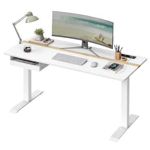 VASAGLE Escritorio Regulable en Altura, Mesa Regulable, Enchufe y Cajón, 60 x 140 cm de Encimera, Ajuste Continuo, 4 Funciones de Memoria de Altura, Blanco LSD114W01