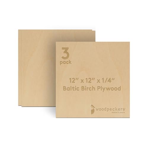 6 mm Baltic Birch Plywood 1/4 x 12 x 12 Inch Box of 3 B/BB Grade Craft Wood Stronger Than Basswood Sheets for Laser CNC Cutting and Wood Burning by Woodpeckers