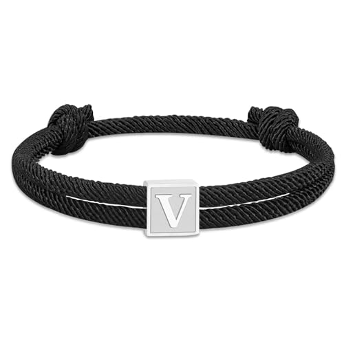 Esmoly Paracord Armband Pulsera Hombre con Plata Letra A-Z Negro Pulsera Tela Pulsera Cuerda Ajustable Regalos Originales para Hombre (Plata V)