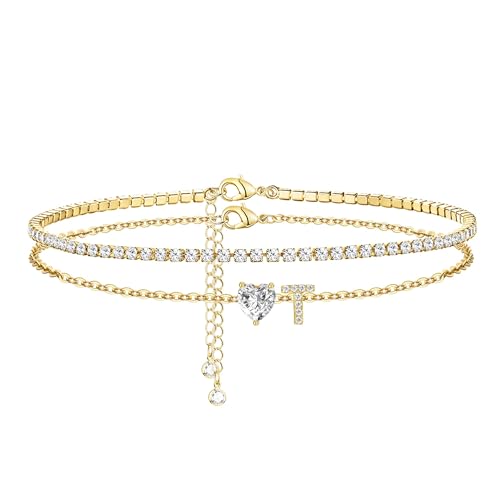 Image of Gold Initial Ankle Bracelets for Women 14K Gold Plated CZ heart Tennis Anklets for Women Waterproof Layered Adjustable Letter Anklets Large Ankle Summer Beach Foot Jewelry