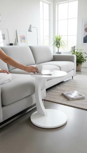 Image of Modern C-Shaped Side Table for Sofa & Bed | White Laptop Snack Table | Space-Saving Couch Side End Table for Living Room Bedroom | Portable Coffee Table for Home Office (C White)