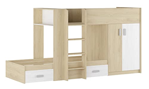 SHIITO | Modelo Chelsea - Cama Tren | Natural y Blanco Veteado - 99.6 cm x 278.5 cm x 150.6 cm | Primera Calidad y Alta Resistencia