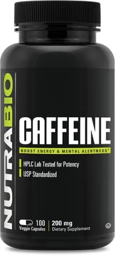 NutraBio 100% Pure Caffeine Capsules (100 Capsules)