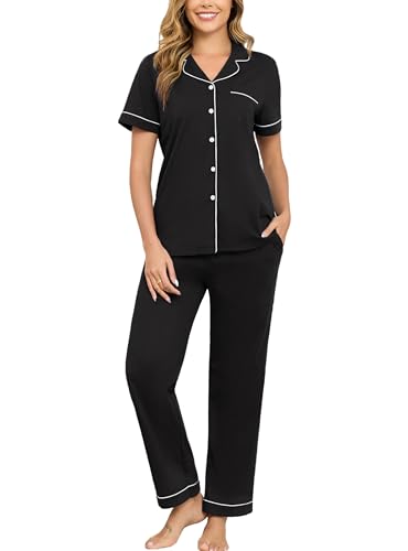 Image of Veseacky 100% Cotton Pajamas for Women Set Short Sleeve Button Down Sleepwear Soft 2 Piece Summer Pjs Lounge Sets S-XXL