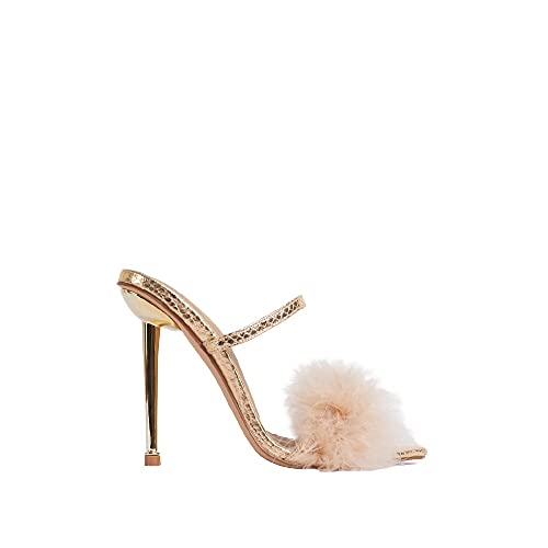 LEMONADE Womens Pointed Toe Fur high Heels Slip on Sandals Gold 10