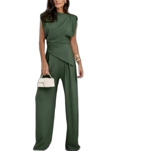Women's Round Neck Pleated Sleeveless Casual Suit, Sleeveless Crewneck Vest Wide Leg Pantsuit Business Sets with Pocket