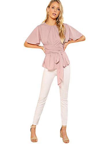 Romwe Women's Self Tie Wist Short Sleeve Casual Chiffon Blouse Tops Pink Large #TOP4