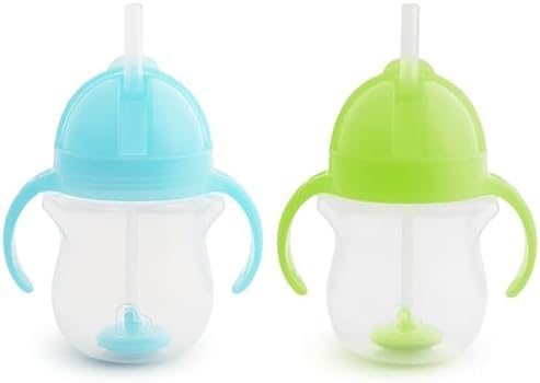Image of Munchkin Any Angle Sippy Cups for Toddlers,Spill Proof Weighted Straw Cup with Transition Handles for Babies 6 Months and Up,Blue /Green,2 Count (Pack of 12)