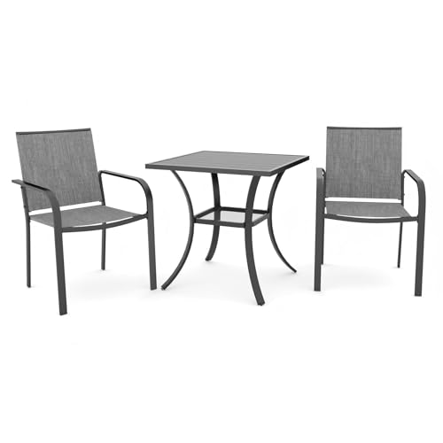 Image of Anmutig 3-Piece Outdoor Dining Set, Small Metal Bistro Table with 2 Stackable Patio Chairs, 27.5 x 27.5 Inch Square Table, Grey Fabric