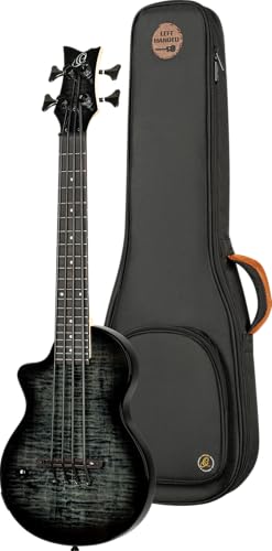Ortega Guitars Basse Ukulélé Gaucher – Électro-Acoustique, Corps Plein – Neo Series – Housse Incluse – Érable Flammé/Okoumé, Noir/Gris (NEO-BS-TGB-L)