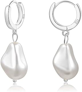 Pearl Drop Earrings 925 Sterling Silver Pearl Hoop Earring Handpicked Baroque Pearls Earrings 14k Gold Plated Freshwater White Pearl Dangle Vintage Huggie Earrings for Women