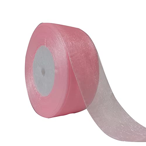 Dishaur Christmas Organza Ribbon for Gift Wrapping 38mm x 45m, Pink Sheer Organza Ribbon for Xmas Tree Bows and Crafting