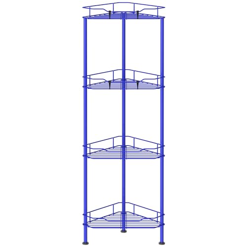 Image of HuggieGems Metal Floor Standing Corner Shower Caddy, Dark Blue, 4 Tier | Adhesive Bathroom Organizer Shelves, Free Standing Shower Rack with Hooks, Hold Large Shampoo Bottles