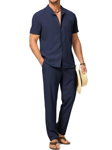 JMIERR Men Texture 2 Piece Outfit Short Sleeve Lightweight Beach Button Down Shirt Casual Pant Sets with Pocket