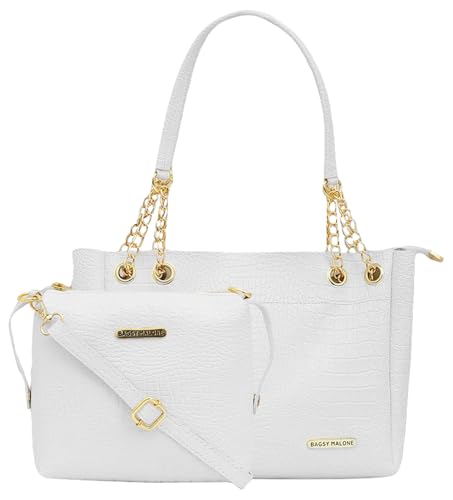 Bagsy Malone Tote Bag -Set of 2 | Handcrafted Side Tote Bag and Handbag for Office and College (Croco White)