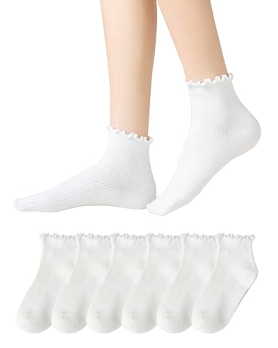 Women's Cotton Ankle Socks - 3 Pack White Breathable Knit Ruffle Cuff Casual Crew Socks