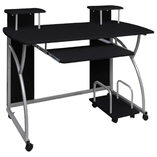 Runheo Mesa de ordenador negra de madera y acero pulverizado, 110 x 52 x 88,5 cm, con espacio de almacenamiento y estantes, ergonómica, para oficina, oficina en casa, juegos y estudios