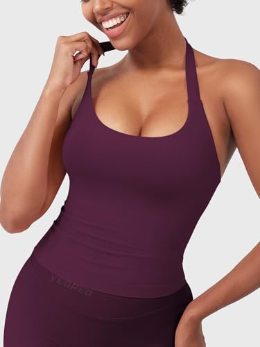 Image of YEOREO SoftHue Women's Impact Halter Tank Top Longline Backless Scoop Neck Built-in Bra Sports Workout Gym Crop Top