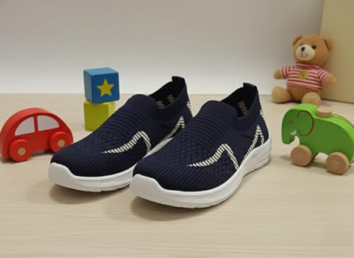 Image of Kids Navy Blue Knit Slip-On Sneakers, Lightweight Casual Shoes with White Sole