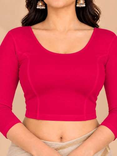 Image of Abhi Cotton Readymade Saree Blouse for Women- 3 /4 Sleeve, Round Neck, Regular-fit, Stretchable, Pull-on Style