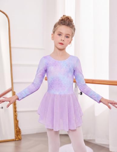 Image of Arshiner Girls Long Sleeve Ballet Leotards with Shinny Skirts Criss-Cross Back Dance Dresses