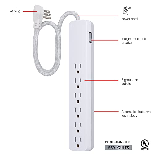 GE UltraPro 6 Outlet Surge Protector, 2 Ft Designer Braided Extension Cord, Flat Plug, Wall Mount, White, 45264 - image 2