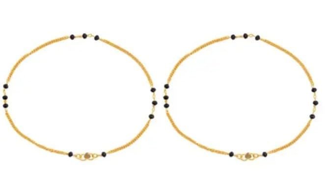 Image of 11 Inches Simple Gold Plated Black Beads Anklets for Women and Girls Pack of 2