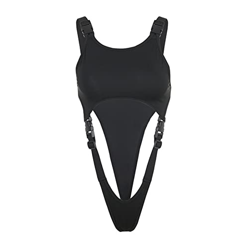 YSTP Damen Jumpsuit Cut Out Strap Bodysuit Mit Schnalle Bodys Ärmellos Verstellbarer Schultergurt Figurbetont Sexy Club-Bodysuit