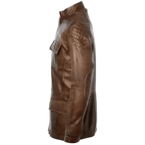 Men's Brown Real Leather Motorcycle Jacket 3/4 Long Lenght Perfect Biker Coat Vintage Multi Pockets Winter Outerwear3