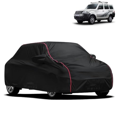Image of Waterproof Car Cover for Tata Movus | All-Weather Protection, Dustproof & UV Resistant | Triple Stitched Mirror Pockets, Windproof Buckle Strap with Elastic Hem, Black-Red Piping