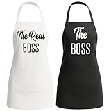 2Pcs Funny Couple Aprons for Cooking,Baking, Kitchen Couple Gifts for Engagement,Bridal Shower,Christmas,House Warming,Anniversary,Newly Wed Gift for Women,Men,Husband,Wife,The Boss The Real Boss -24