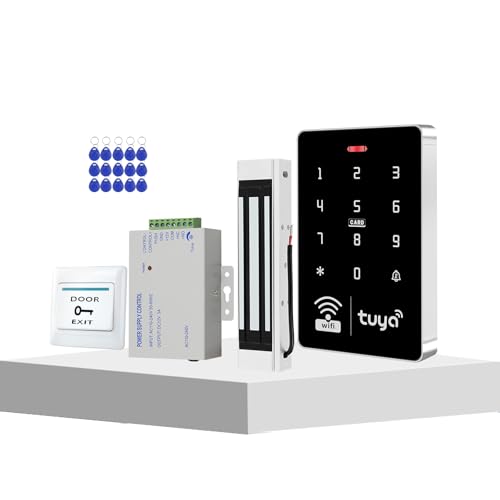 ReaIOKbii Tuya - Controlador de acceso WiFi IP68 impermeable con teclado RFID, abridor de retroiluminación táctil + 15 llaveros de 125 KHz + bloqueo electromagnético de 180 kg + fuente de alimentación