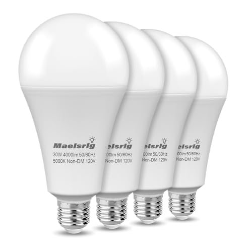 Maelsrlg 300W Equivalent LED Bulb 30W 4000 Lumens Daylight 5000K E26 Base 120V Non-Dimmable 4-Pack Replaces 300 Watt Light Bulb for Garage Shop & Warehouse