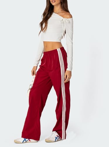 Women Y2k Wide Leg Track Pants Elastic Waist Side Striped Baggy Sweatpants Trendy Loose Fit Jogger Palazzo Trousers4