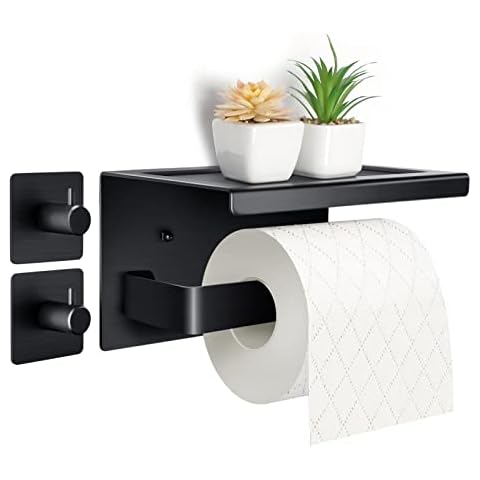 Acmetop Toilettenpapierhalter ohne Bohren Aluminium Klopapierhalter mit 17 cm Ablage, Selbstklebende WC Papier Halterung mit 2 Klebehaken Wandmontage Klorollenhalter für Küche und Badzimmer Schwarz Cover