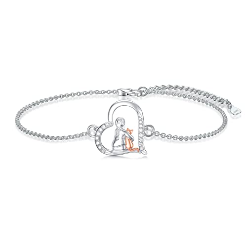 LONAGO Bracelet Chat Argent 925 Fille Tenue Mignon Chat Bracelet Bijoux pour Femme