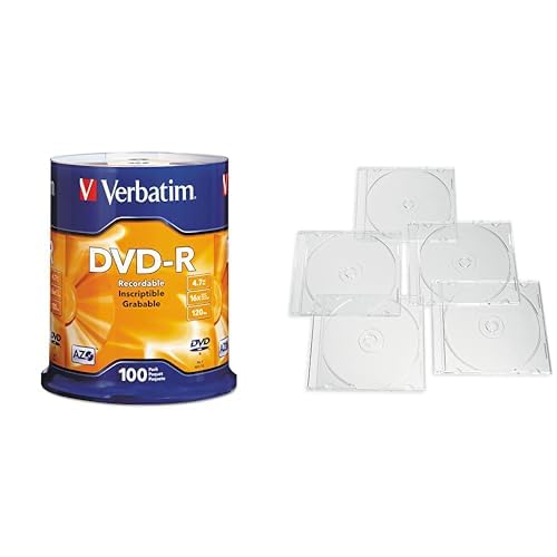 Verbatim DVD-R AZO Dye 4.7GB 16X 100 Discs Spindle + 25 Clear Slim Storage Cases – Data &amp; Music Recording Bundle