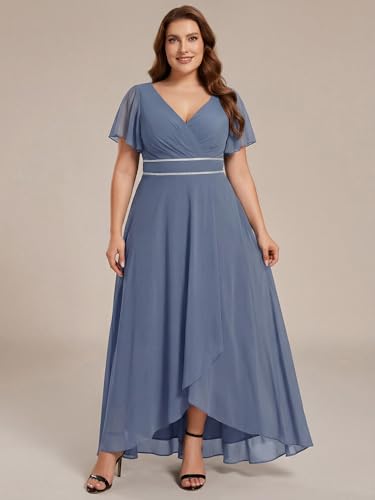 Image of Ever-Pretty Plus Women's Chiffon V-Neck Beading Ruffles Sleeves Maxi High Low Plus Size Formal Dresses